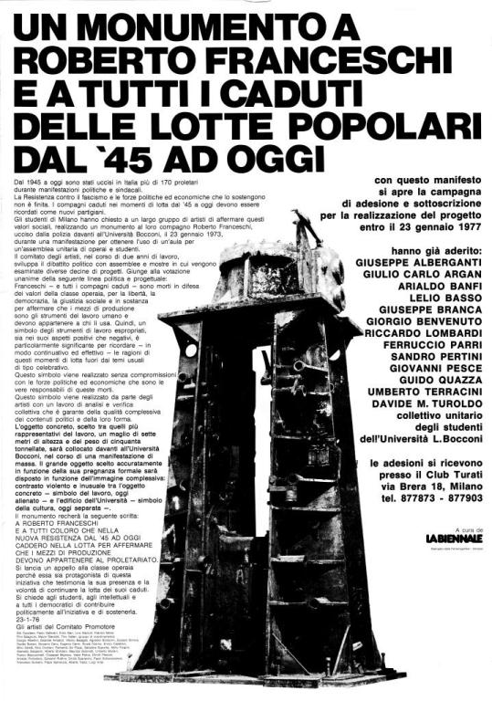 FOTO 4. La presentazione del monumento alla Biennale 76. Manifesto di Enzo Mari
