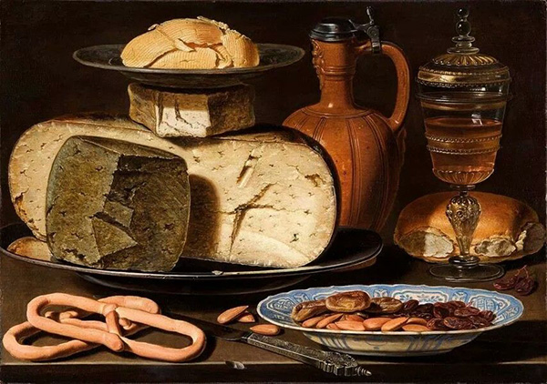 Clara Peeters. Natura morta con formaggi, mandorle e pretzel,