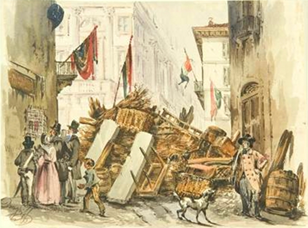 Foto4 Acquerello di Felice Donghi del 1848 che mostra una delle barricate erette a Milano durante le Cinque giornate