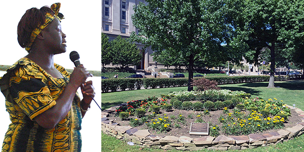 Foto2. Wangari Maathai durante una conferenza sulla deforestazione. A destra, l’albero e il giardino posti in sua memoria dall’Università di Pittsburg